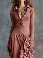 Vestido Maxi con Volantes Asimétricos Acanalado y Cuello con Cremallera