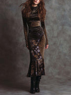 Vestido midi de terciopelo retro gótico con estampado de leopardo y retazos florales