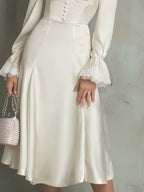 Vestido Midi de Satén de Poliéster con Ribete de Encaje Vintage