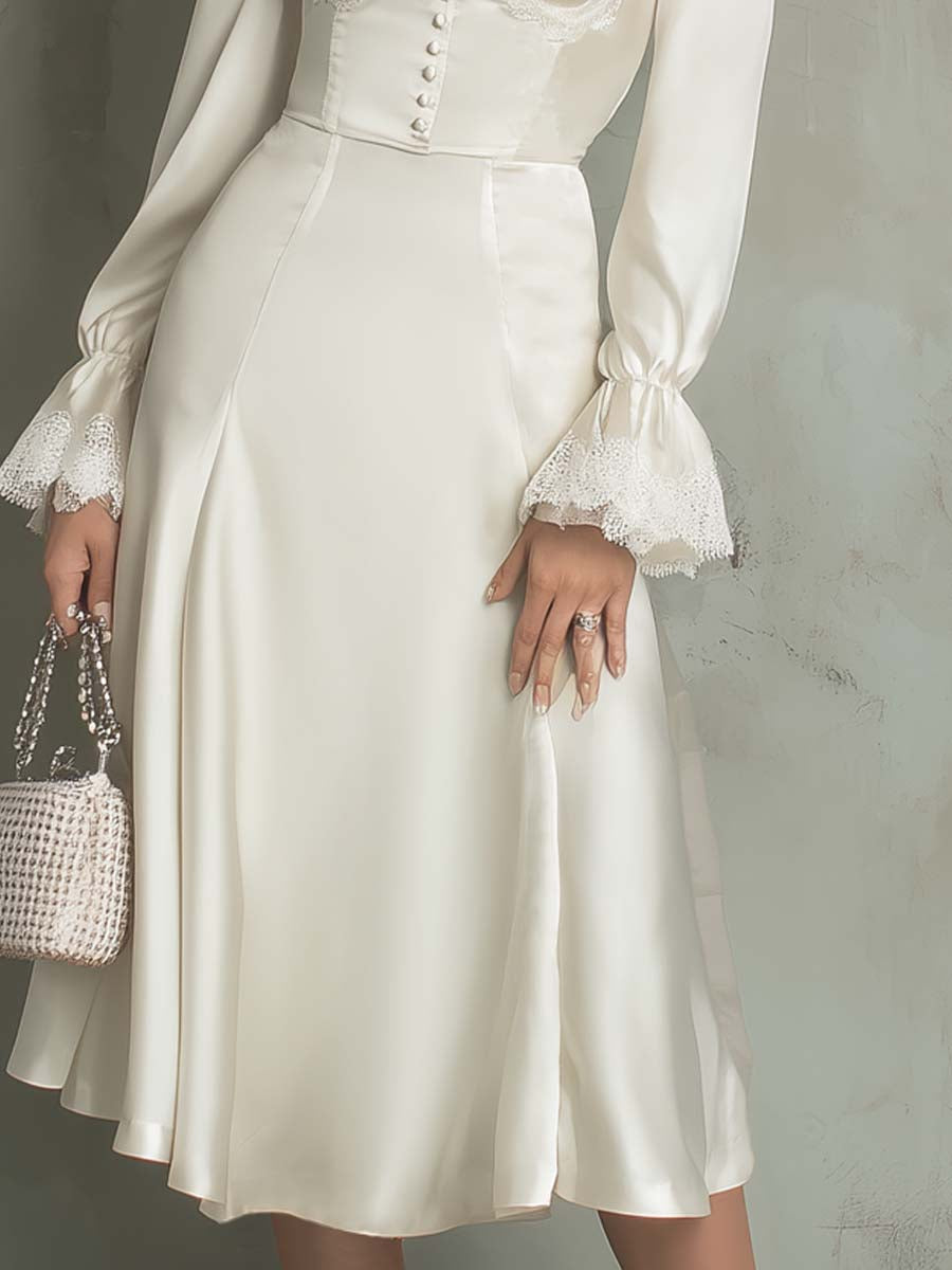 Vestido Midi de Satén de Poliéster con Ribete de Encaje Vintage