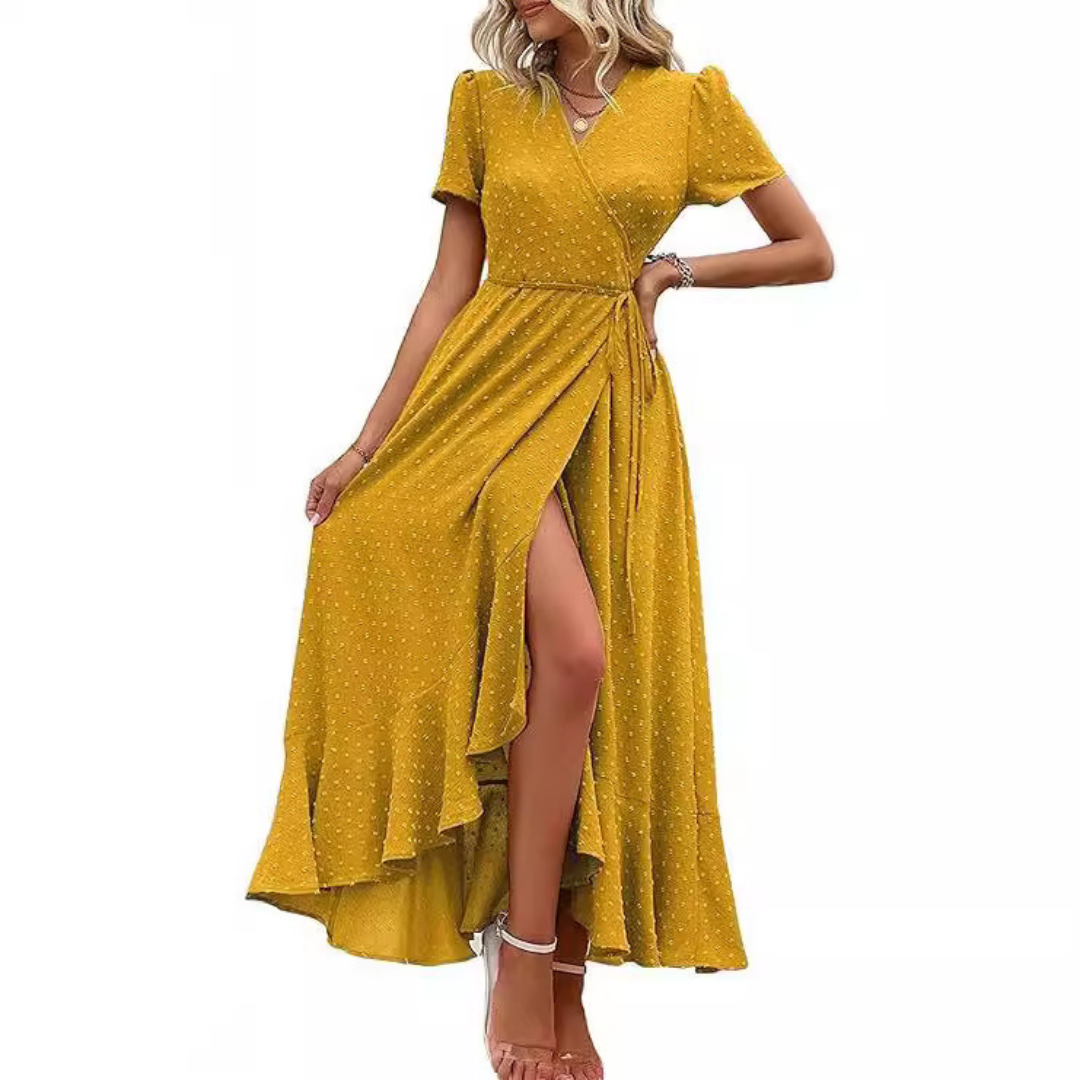 Pilar™ | Vestido maxi elegante fluido cruzado con cuello en V y manga corta