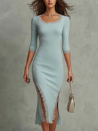 Vestido midi acanalado con bajo de encaje estilo vintage