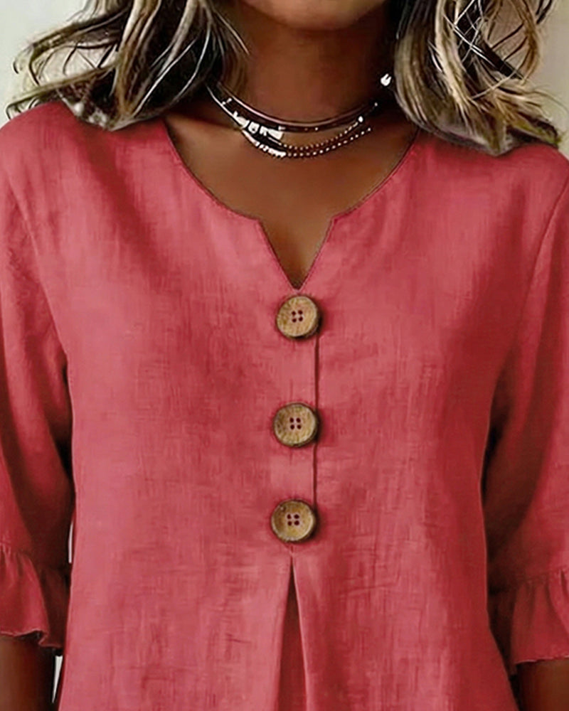 Sophia Blusas lisas de algodón y lino con botones de madera y volantes.