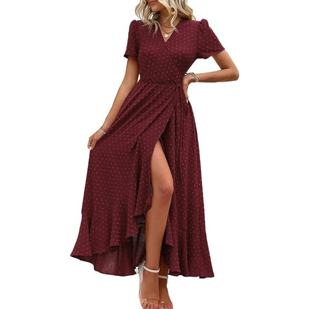 Pilar™ | Vestido maxi elegante fluido cruzado con cuello en V y manga corta