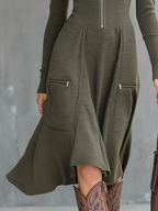 Vestido Midi de Punto con Bolsillo y Cremallera en el Cuello Estilo Vintage