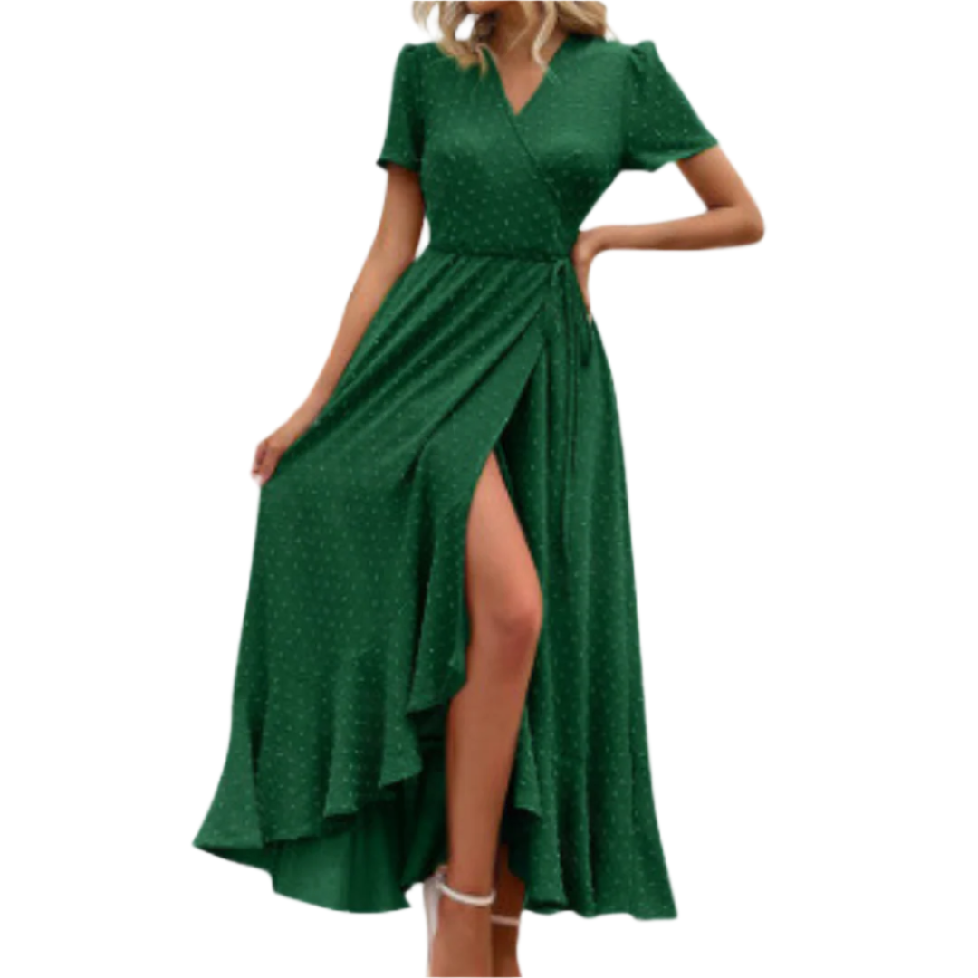 Pilar™ | Vestido maxi elegante fluido cruzado con cuello en V y manga corta