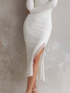 Vestido midi de punto retro con escote cuadrado y bajo dividido de encaje