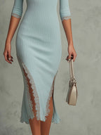 Vestido midi acanalado con bajo de encaje estilo vintage