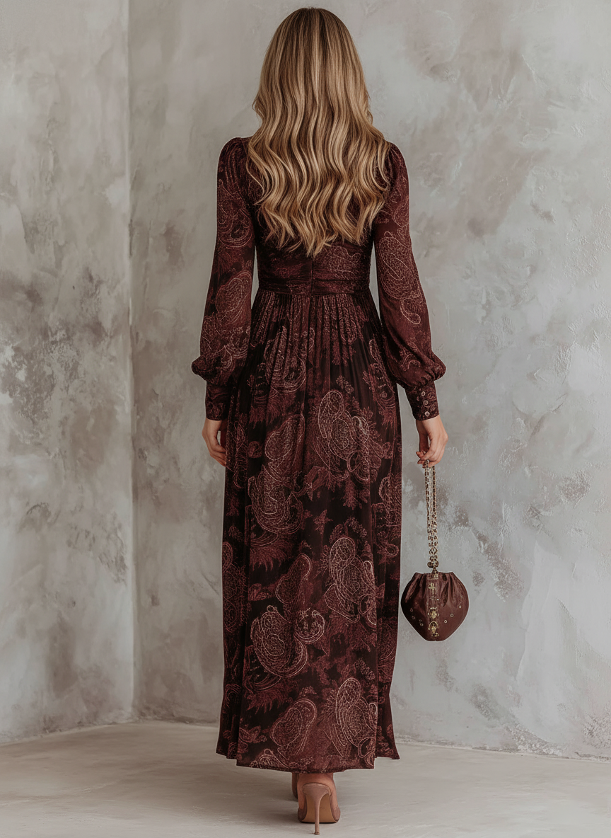 Vestido midi retro de manga larga con cuello de cremallera y estampado de cachemira