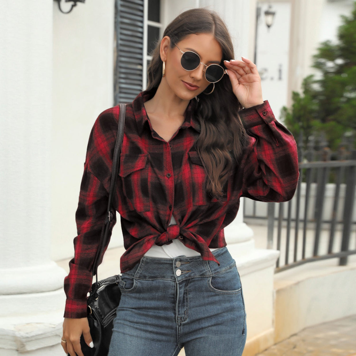 TORI™ | Blusa de manga larga con botones de cuadros vintage