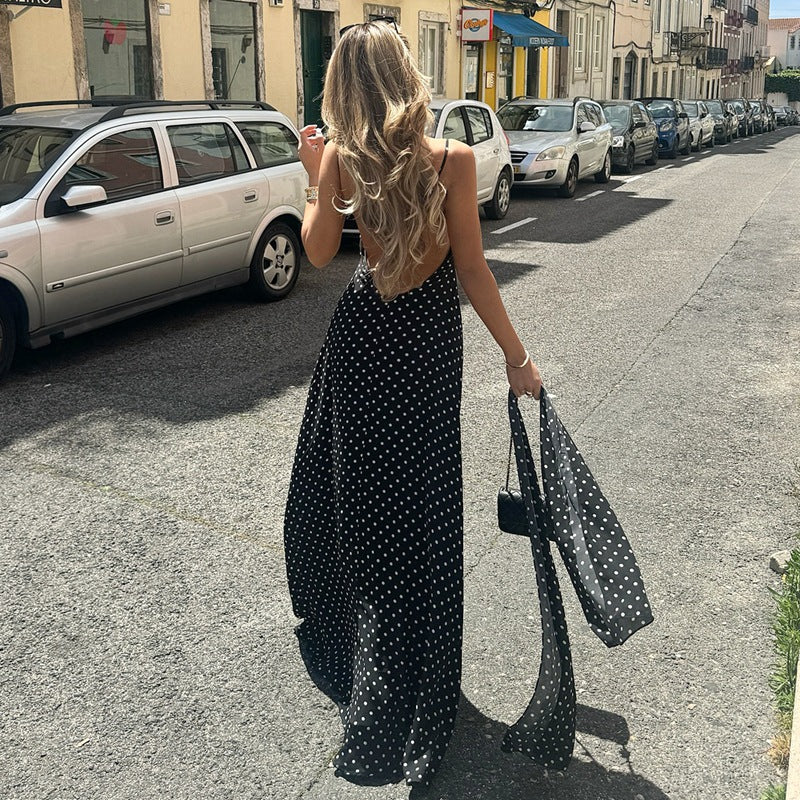 Zena™| Vestido Largo sin Espalda con Escote en V y Estampado Clásico de Lunares