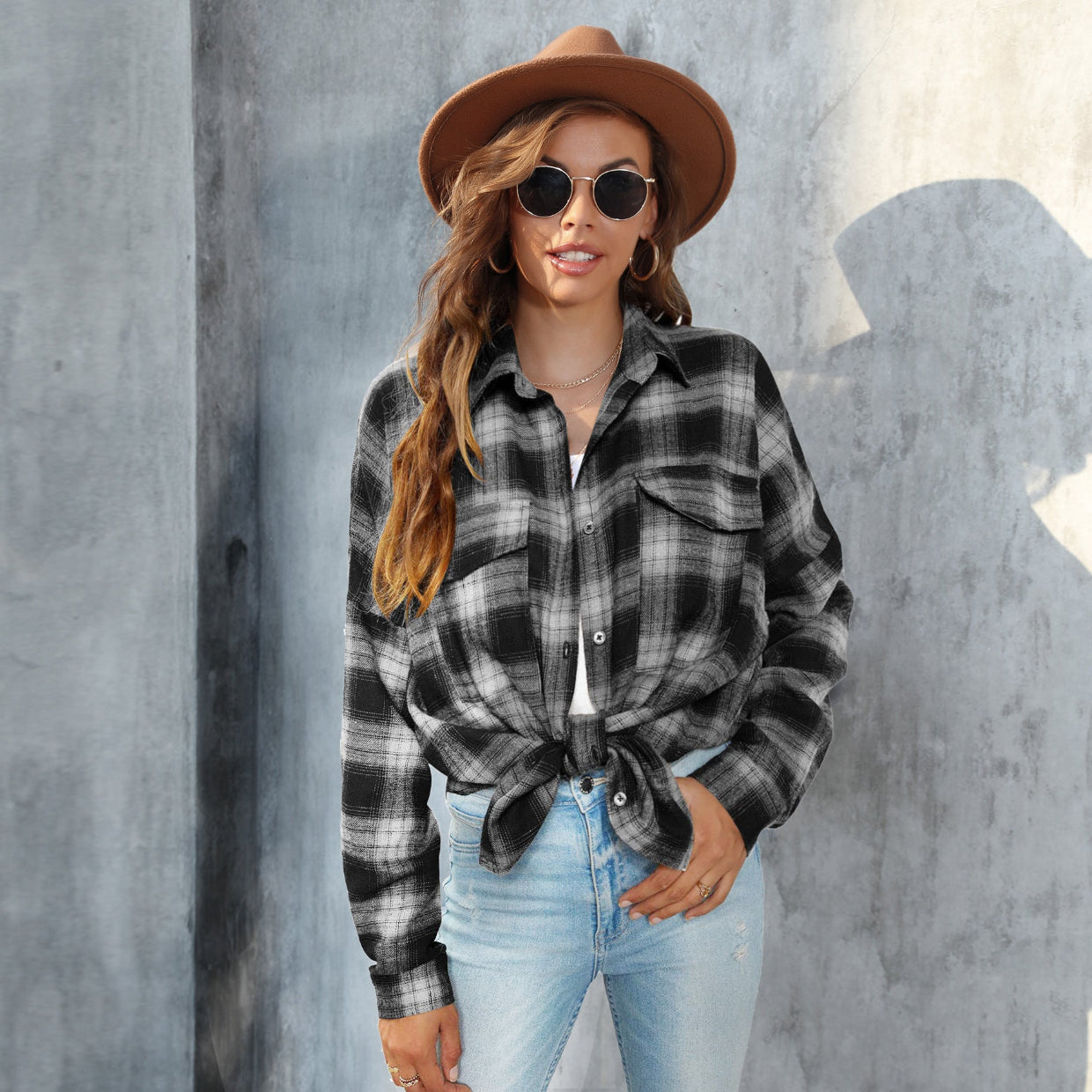 TORI™ | Blusa de manga larga con botones de cuadros vintage