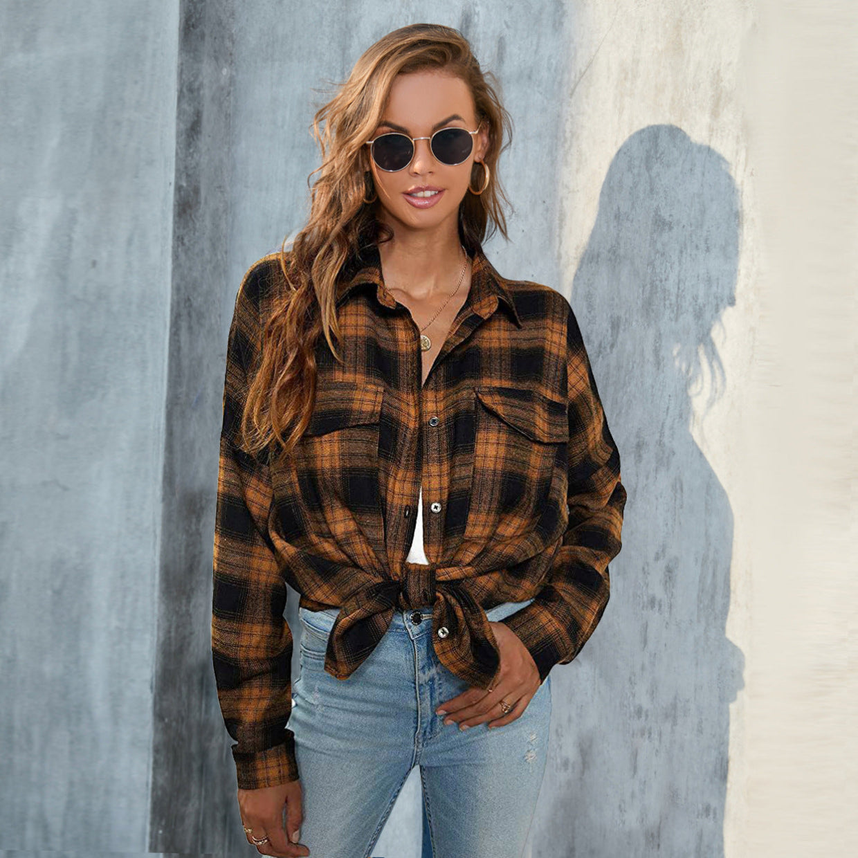 TORI™ | Blusa de manga larga con botones de cuadros vintage