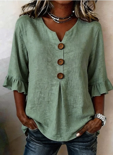 Sophia Blusas lisas de algodón y lino con botones de madera y volantes.