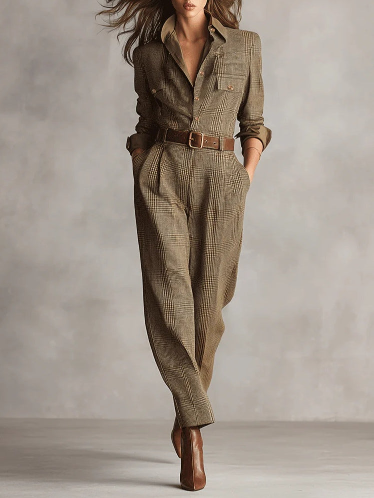 Rowena™ Mono de trabajo de cuadros tweed marrón | Mono de trabajo de cuadros tweed marrón atemporal