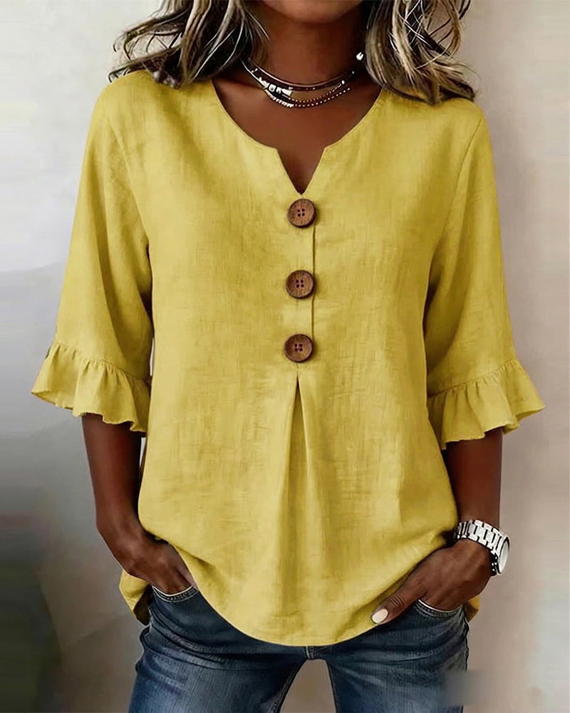 Sophia Blusas lisas de algodón y lino con botones de madera y volantes.