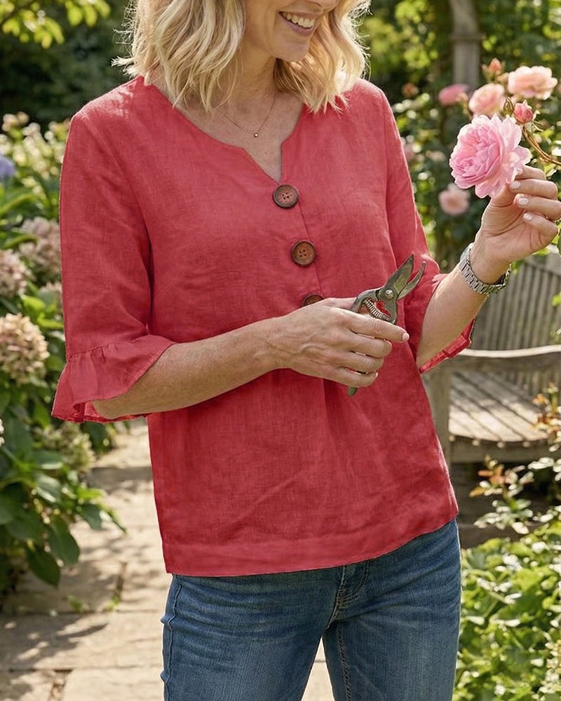 Sophia Blusas lisas de algodón y lino con botones de madera y volantes.