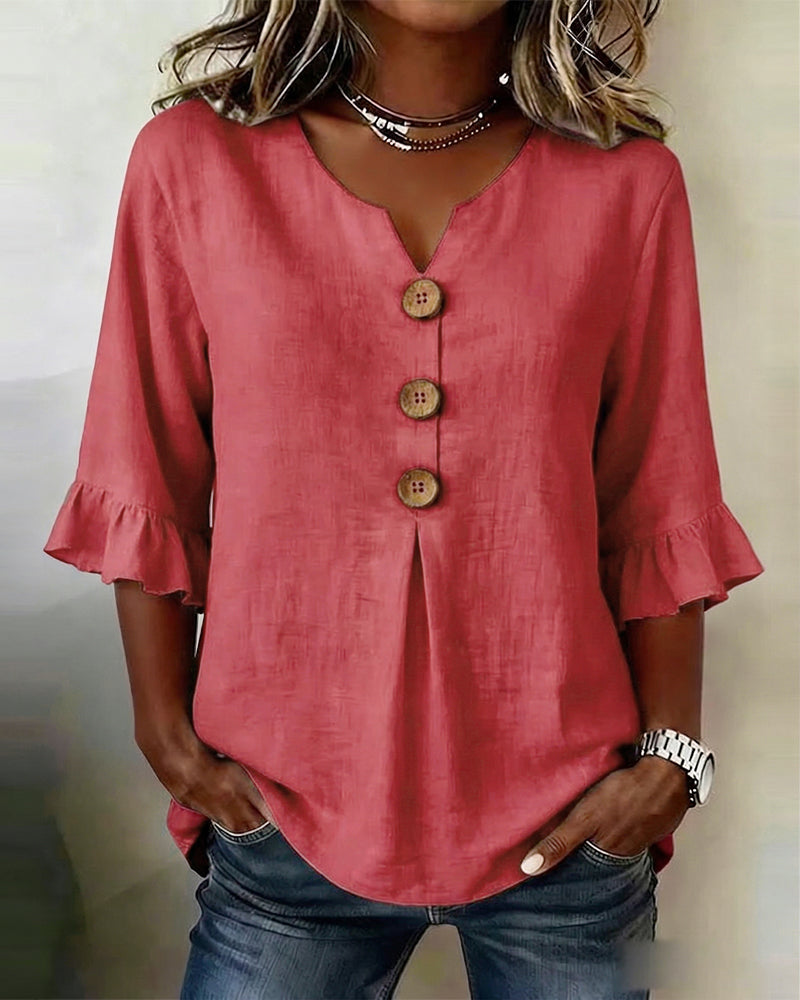 Sophia Blusas lisas de algodón y lino con botones de madera y volantes.