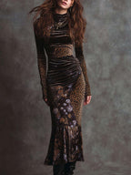 Vestido midi de terciopelo retro gótico con estampado de leopardo y retazos florales