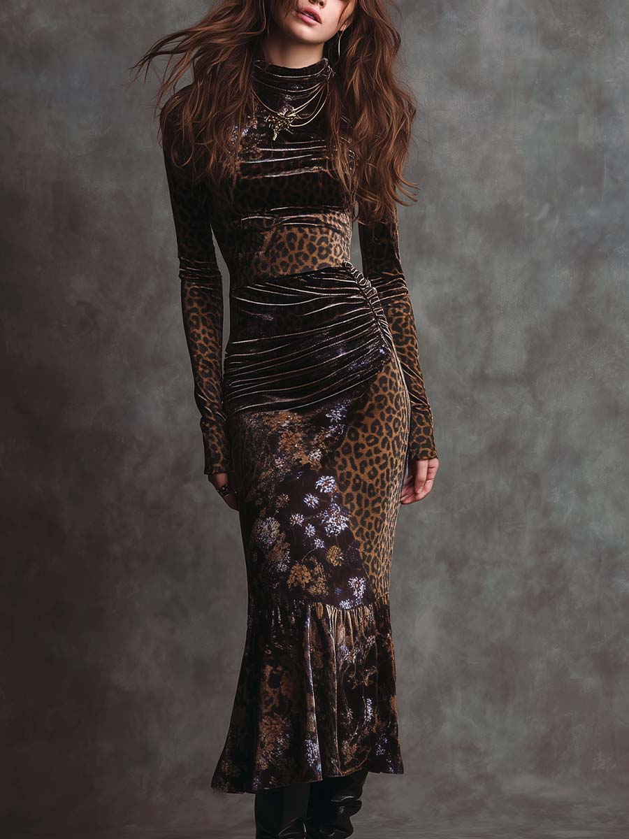 Vestido midi de terciopelo retro gótico con estampado de leopardo y retazos florales