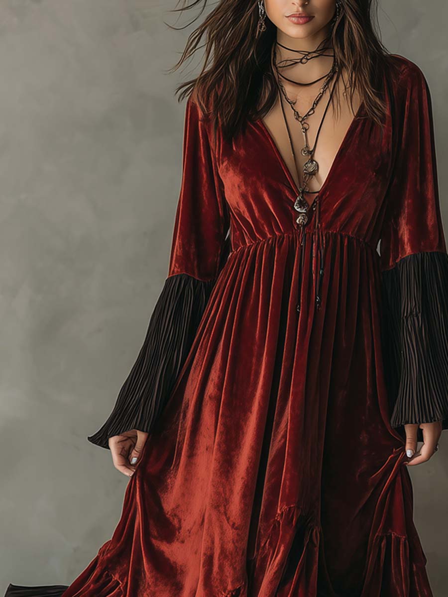 Vestido midi de terciopelo de poliéster vintage plisado con bajo con volantes
