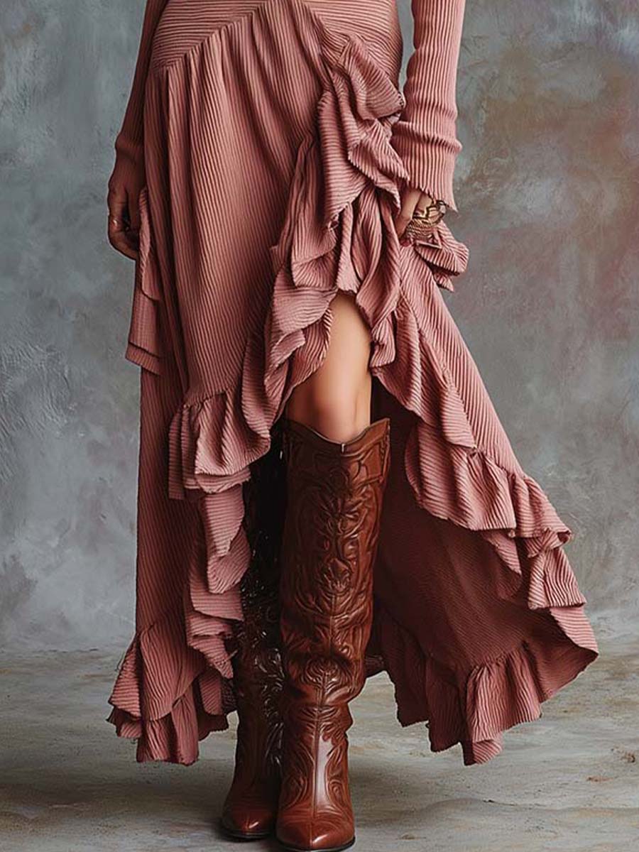 Vestido Maxi con Volantes Asimétricos Acanalado y Cuello con Cremallera