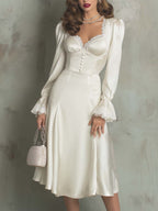 Vestido Midi de Satén de Poliéster con Ribete de Encaje Vintage