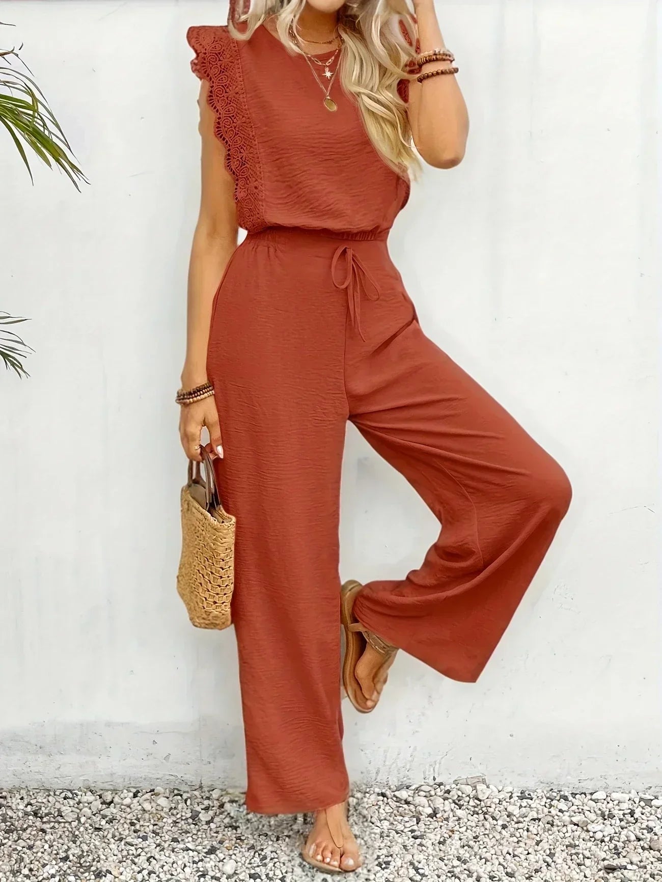 Conjunto elegante de dos piezas Zella™ | Top con encaje y pantalón de pernera ancha