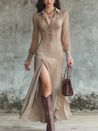 Vestido midi retro de poliéster con mangas transparentes y bajo dividido