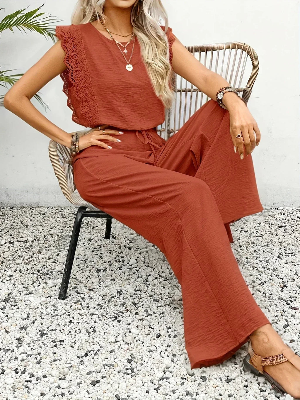 Conjunto elegante de dos piezas Zella™ | Top con encaje y pantalón de pernera ancha