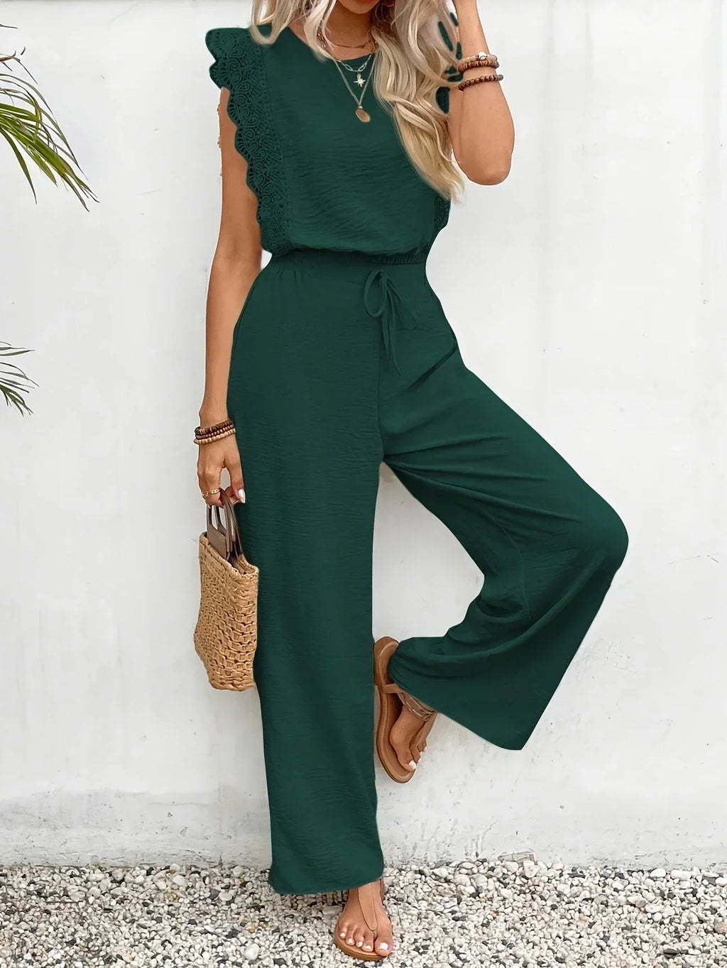 Conjunto elegante de dos piezas Zella™ | Top con encaje y pantalón de pernera ancha