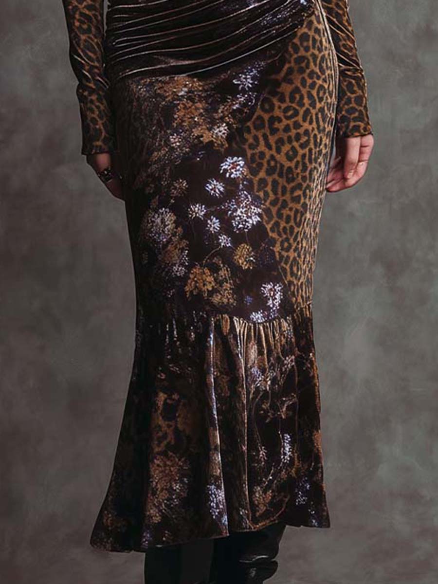 Vestido midi de terciopelo retro gótico con estampado de leopardo y retazos florales