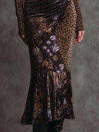 Vestido midi de terciopelo retro gótico con estampado de leopardo y retazos florales