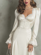 Vestido Midi de Satén de Poliéster con Ribete de Encaje Vintage