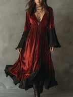 Vestido midi de terciopelo de poliéster vintage plisado con bajo con volantes