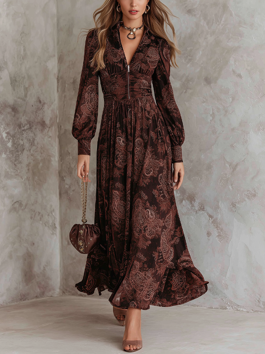 Vestido midi retro de manga larga con cuello de cremallera y estampado de cachemira