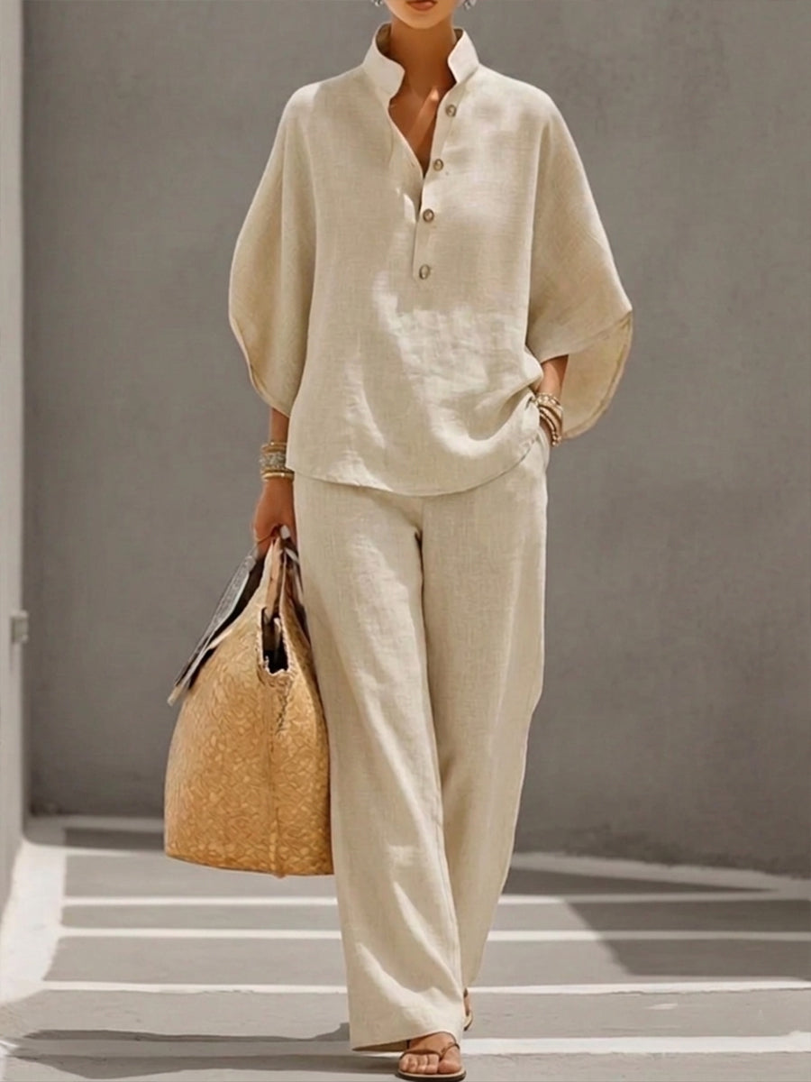 Lorena | Conjunto de Algodón Lino con Mangas Murciélago y Pantalón Ancho