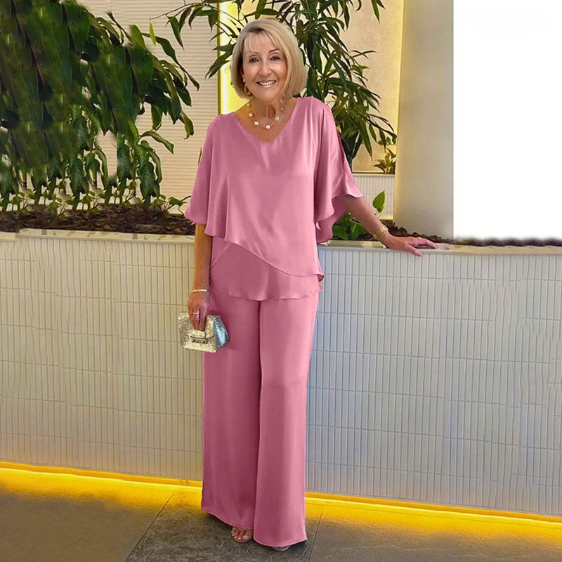 Conjunto Elegante de Dos Piezas Sarina™ | Top con Cuello V y Pantalones Relajados